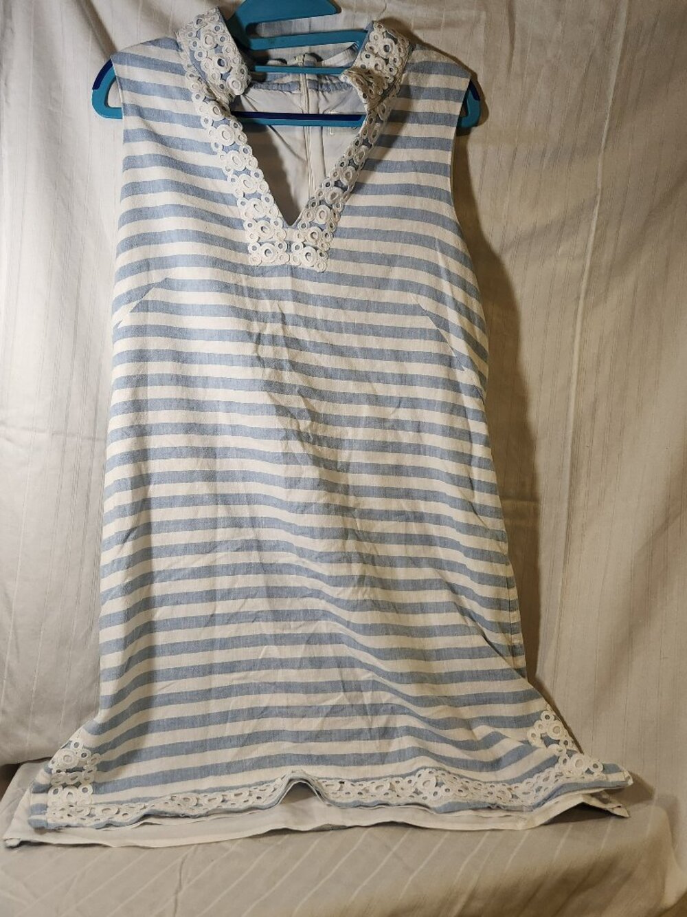 Eliza J Women's Blue White Stripe Linen Blend Geometric Lace Shift Dress Size 14